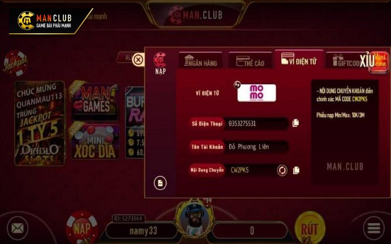 Quy trình về nạp tiền tại cổng game Manclub